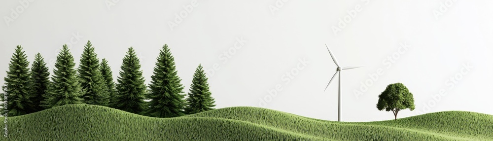 Fototapeta premium Lush green landscape with trees and a wind turbine against a white background.
