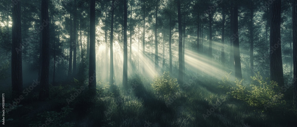 A forest with trees and sunlight shining through the leaves A forest with trees and sunlight shining through the leaves