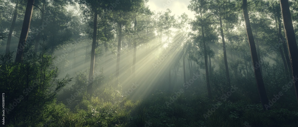 A forest with sunlight shining through the trees A forest with sunlight shining through the trees