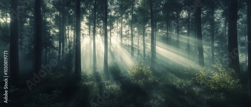 A forest with trees and sunlight shining through the leaves