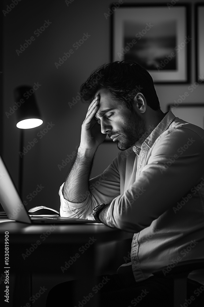 A man sits at his desk in an office, looking stressed or deep in thought A man sits at his desk in an office, looking stressed or deep in thought