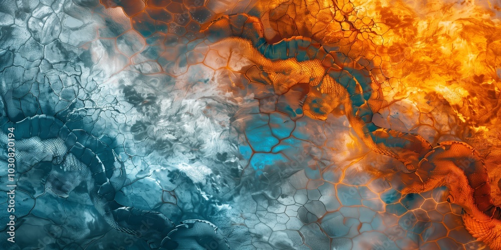 Abstract background with snake skin and orange-blue cloud texture, soft transitions. Abstract background with snake skin and orange-blue cloud texture, soft transitions.