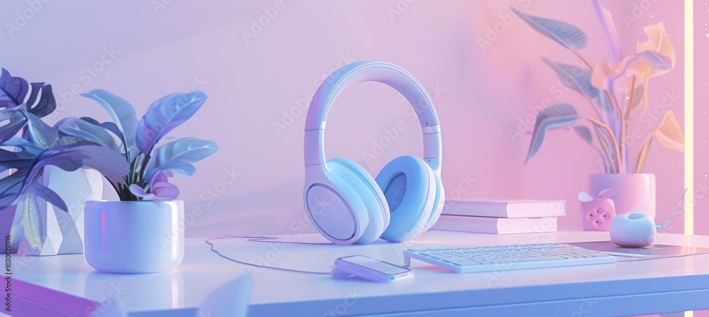 Modern Wireless Headphones on Minimalist Desk with Futuristic Lighting for High-End Electronics Branding Modern Wireless Headphones on Minimalist Desk with Futuristic Lighting for High-End Electronics Branding