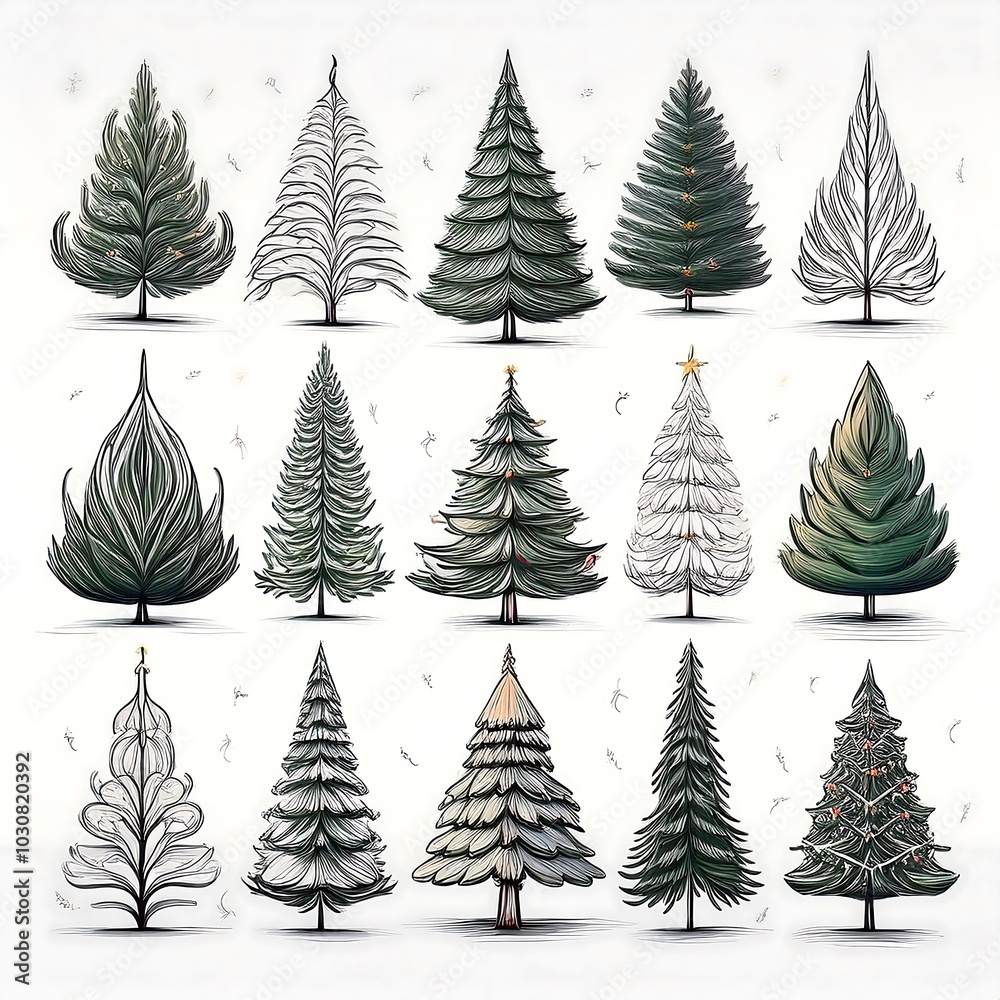Fototapeta premium A collection of minimalist line-drawn Christmas trees showcased on a plain white background. Generative AI