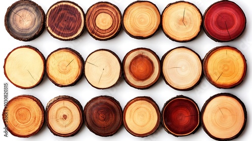 A collection of wooden slices arranged in a grid, showcasing the unique grain patterns of each piece.