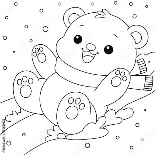Polar Bear Cub Sliding Down a Snow Hill outline coloring page. Christmas and Winter Animal Illustration