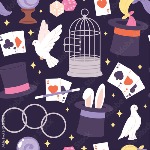 Magician seamless pattern. Magic illusionist show elements, doves cage cubes playing cards bunny in cylinder. Cartoon circus racy vector background