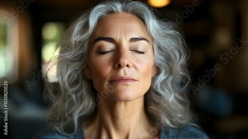 A serene woman with gray hair meditating with closed eyes.