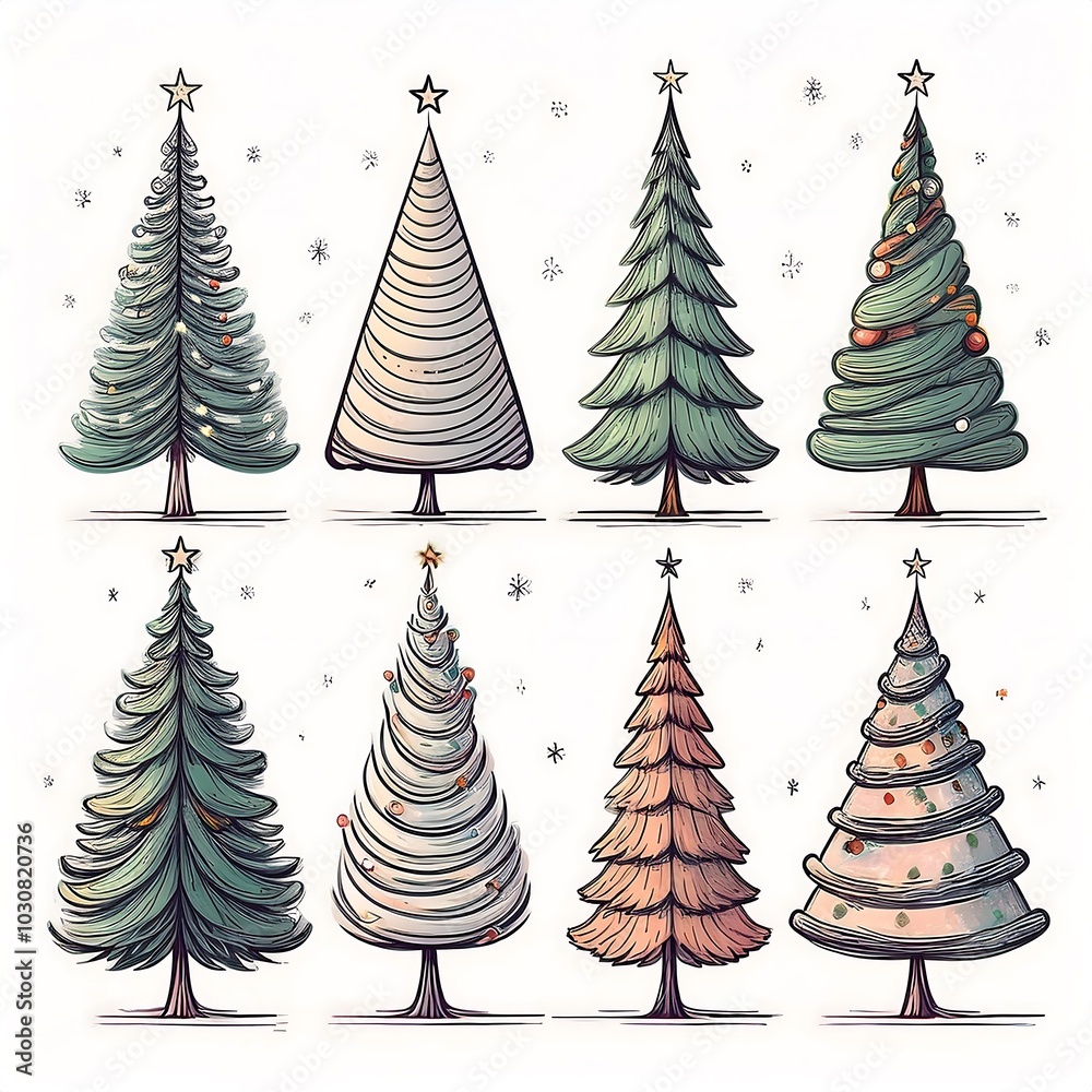 Obraz premium A collection of minimalist line drawn Christmas trees in various styles isolated on a clean white background. Generative AI