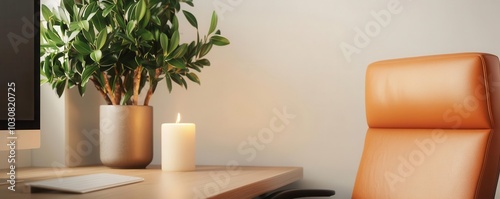 Cozy home office setup with a comfy chair and candles lit beside the desk, worklife balance, warm work environment