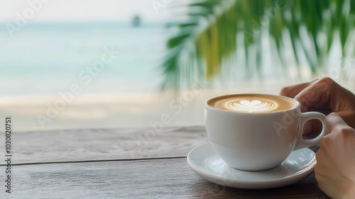 Freelancer enjoying a cup of coffee while working at a beach cafe, worklife balance, working remotely by the sea