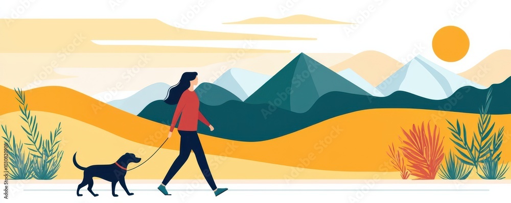 Woman walking her dog during a break from work, worklife balance, outdoor breaks for wellbeing Woman walking her dog during a break from work, worklife balance, outdoor breaks for wellbeing