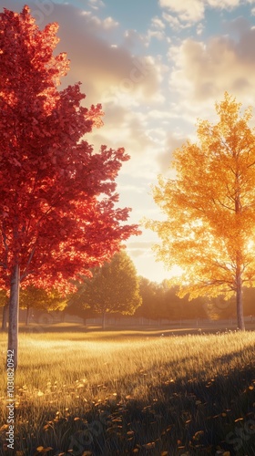 Bright Red and Yellow Trees in Tranquil Autumn Park - Made with Generative AI