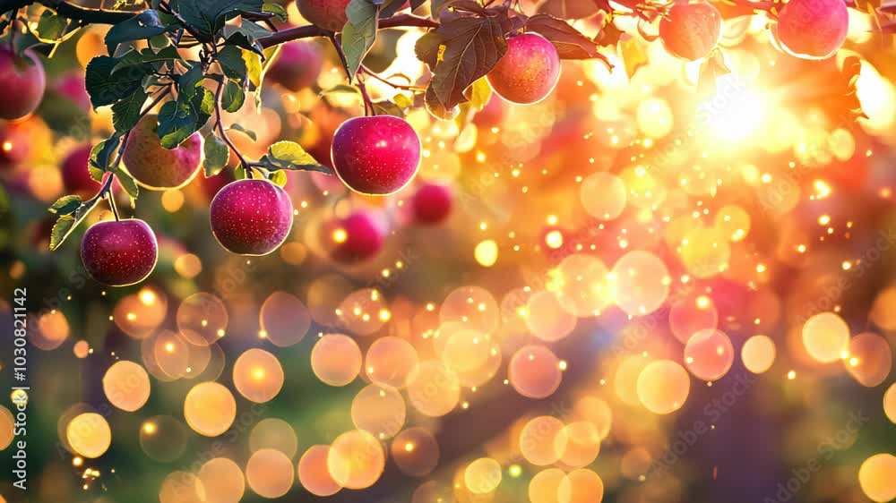 A vibrant apple tree with sunlight and bokeh effects in the background.