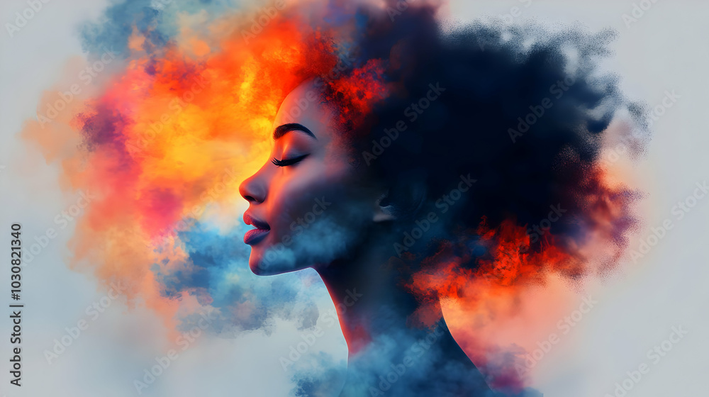 A profile of a woman surrounded by vibrant, colorful clouds.