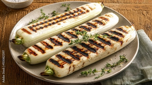 Grilled White Zucchini With Fresh Thyme on Rustic Plate for a Healthy Summer Dish