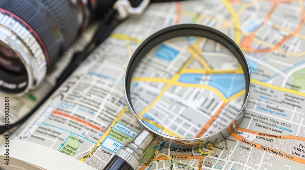 A magnifying glass focused on a city map, with a camera lens out of focus in the foreground. A magnifying glass focused on a city map, with a camera lens out of focus in the foreground.