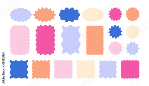 Set of zigzag and wavy edge stickers in rectangle, oval and circle shapes. Vector jagged geometric designs. Abstract elements perfect for frames, stamps, templates, promotional materials, web design