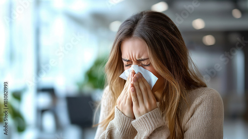 Woman in office clothes with cold or allergy sneezing into handkerchief on blurred office background, sick girl, flu, acute respiratory viral infection, ARVI, virus, runny nose, employee at work photo