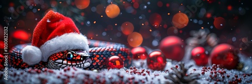 Christmas Snake with Santa Hat, Symbol of 2025, Surrounded by Shiny Ornaments and Festive Bokeh Lights with copy space photo