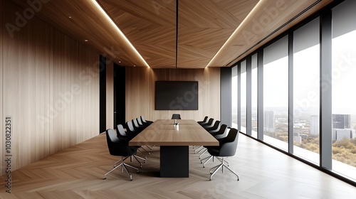 Modern,Geometric Conference Room with Natural Oak Accents photo