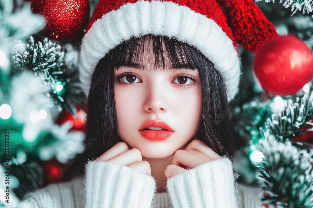 Festive winter portrait: woman in santa hat with snowy christmas tree Festive winter portrait: woman in santa hat with snowy christmas tree