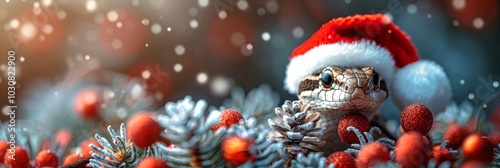 Cute Little Snake Wearing Santa Hat in Snowy Christmas Tree with Red Berries with copy space. Holiday Symbol of 2025 photo