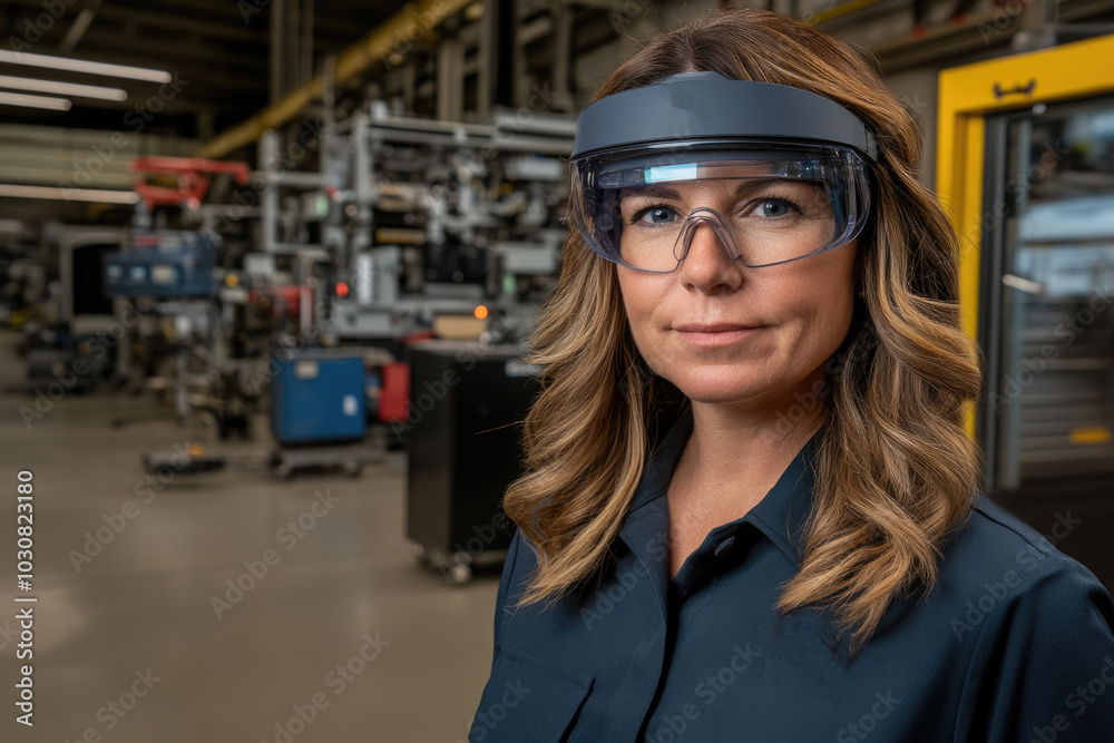 Confident female engineer in protective gear in modern industrial facility Confident female engineer in protective gear in modern industrial facility