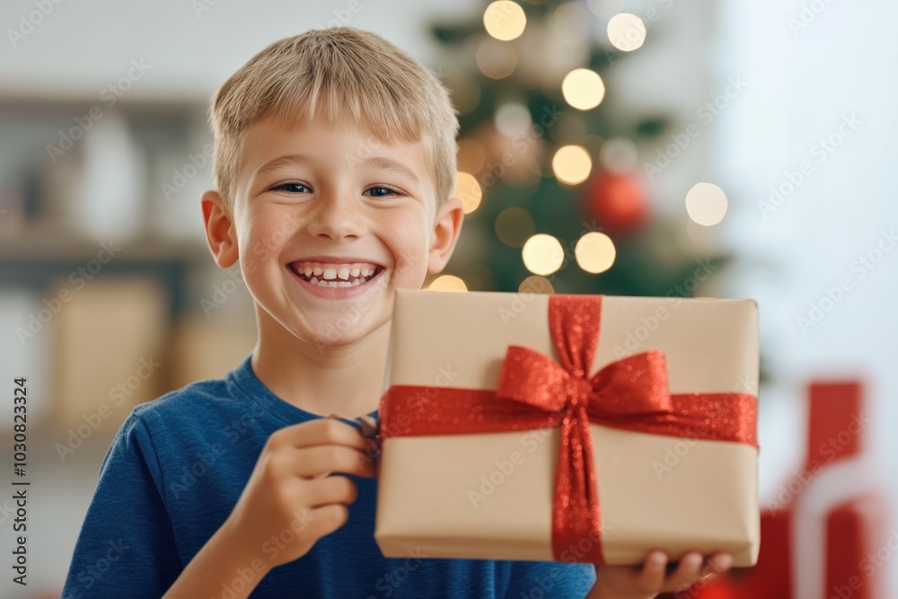 Joyful child unwrapping christmas gift in festive holiday setting Joyful child unwrapping christmas gift in festive holiday setting