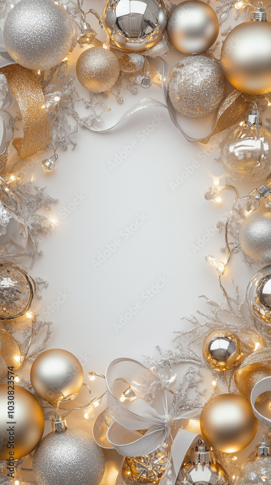 Christmas frame/background in gold and silver colour palettes with festive ornaments