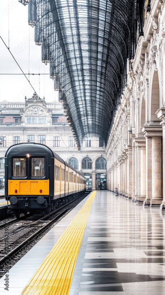 Fototapeta premium An elegant vintage train awaits passengers at a grand old station with sunlight illuminating the dark atmosphere through large windows