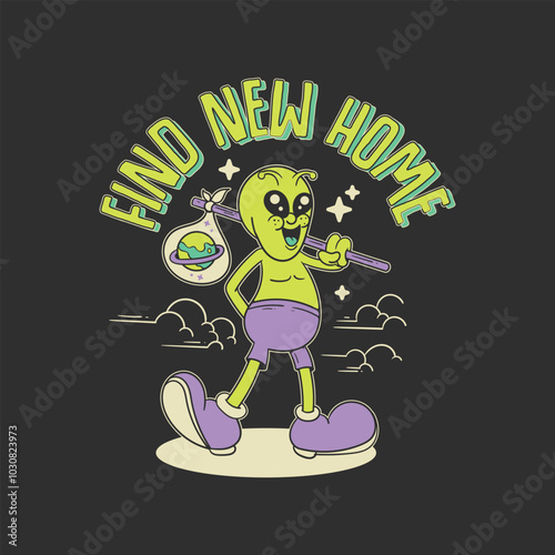retro alien character cartoon t-shirt design illustration