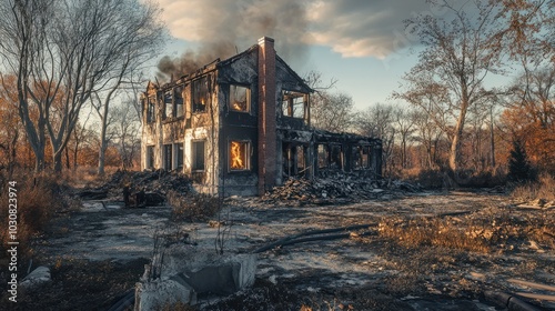 A fire line is not crossed in a burned down house photo