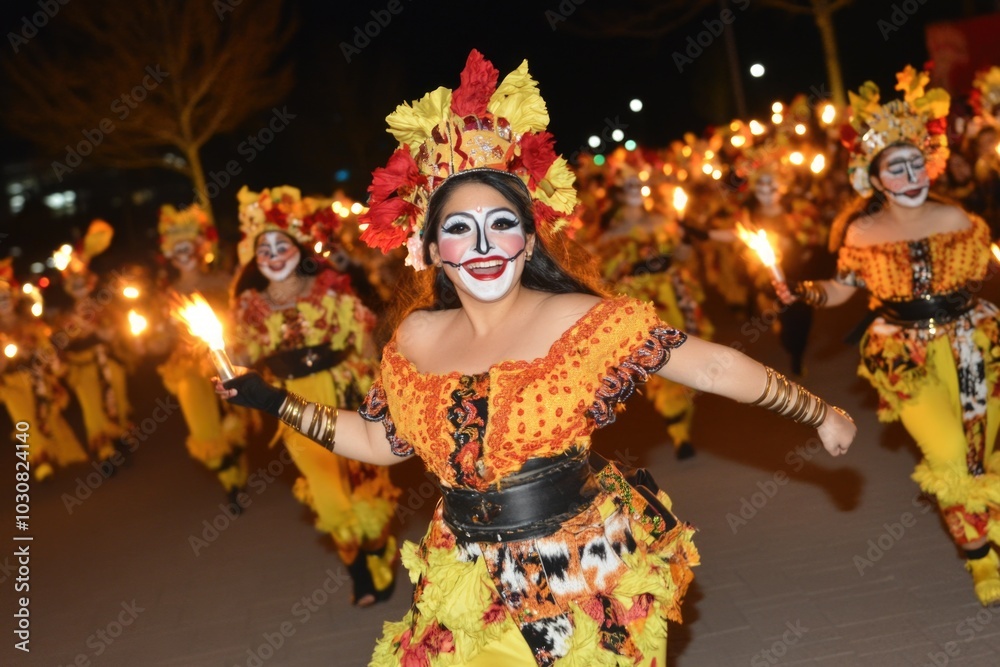 Vibrant carnival parade: colorful costumes and joyful dance with fiery torches Vibrant carnival parade: colorful costumes and joyful dance with fiery torches