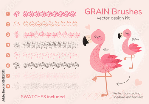 Grain scatter brushes set. Abstract grunge strokes. Creative collection for noise effect, shadows, grunge textures, halftone. Swatches included. Editable size and color. Vector design kit.