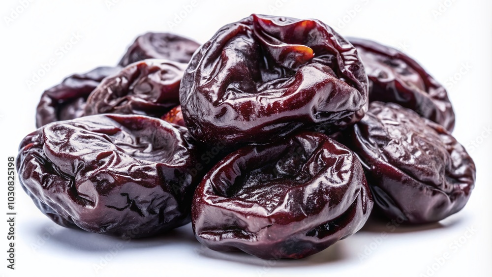 Pitted Prunes Isolated on White Background - Healthy Snack Option and Natural Energy Booster Pitted Prunes Isolated on White Background - Healthy Snack Option and Natural Energy Booster