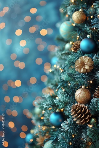 A Christmas tree adorned with golden and blue ornaments stands elegantly, illuminated by warm lights. Copy space