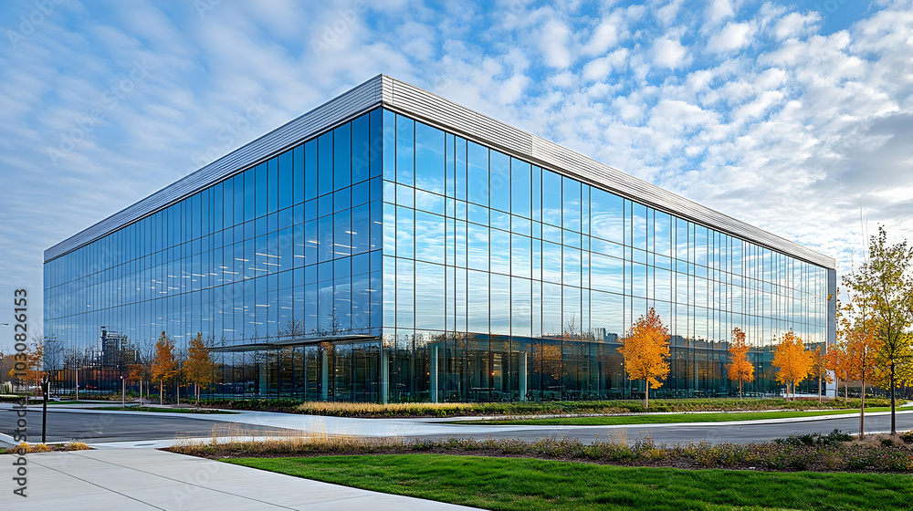 Modern glass building surrounded by autumn trees and a clear sky. Modern glass building surrounded by autumn trees and a clear sky.