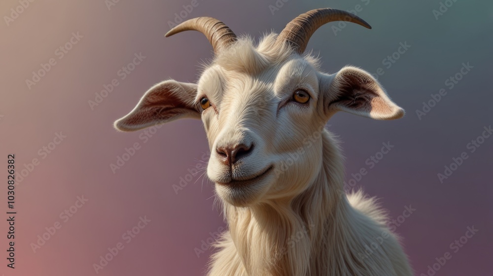 Fototapeta premium A goat with large horns stands prominently against a vibrant purple background.