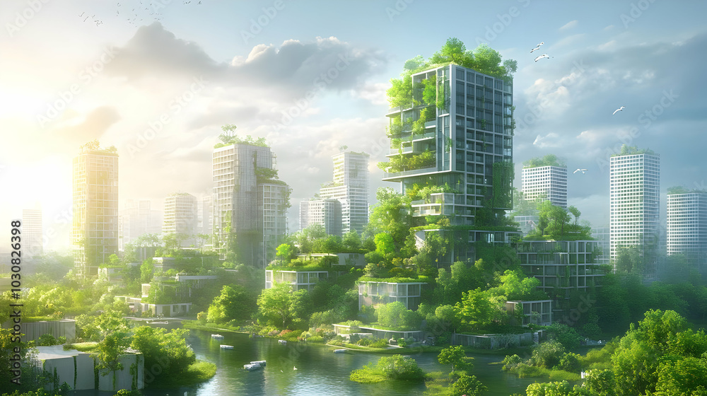 Obraz premium Lush, futuristic cityscape with greenery and water features.