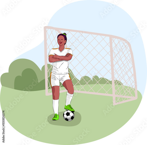 Female soccer player posing with her arms crossed and and foot on soccer ball in white uniform
