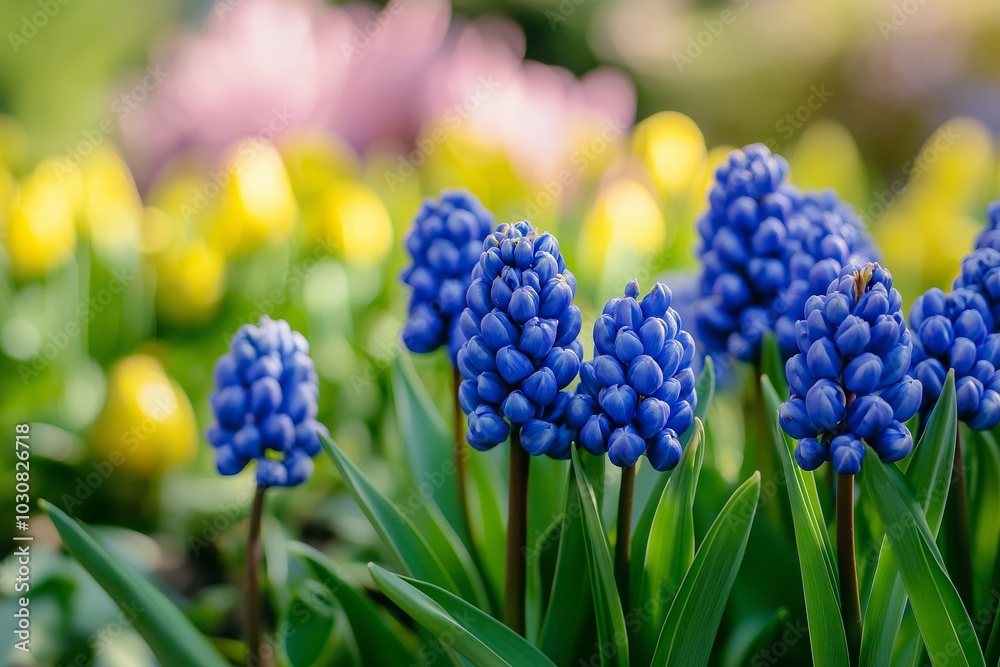 Lush blue grape hyacinths and yellow tulips in bloom, capturing the essence of a bright spring day. Lush blue grape hyacinths and yellow tulips in bloom, capturing the essence of a bright spring day.