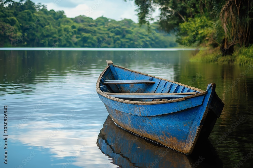 An empty blue rowboat rests calmly on the still waters of a tranquil lake, surrounded by lush forest greenery. An empty blue rowboat rests calmly on the still waters of a tranquil lake, surrounded by lush forest greenery.