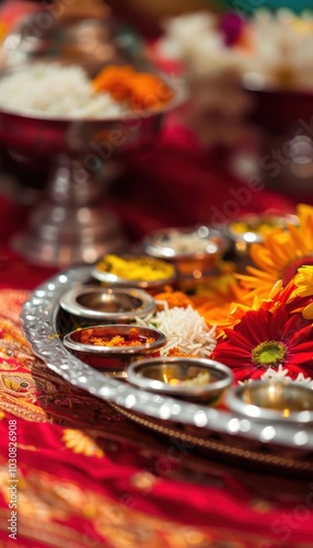 Lakshmi Puja Offerings: Traditional Silver Plate with Flowers, Sweets, and Oil Lamps for Tihar Celebration