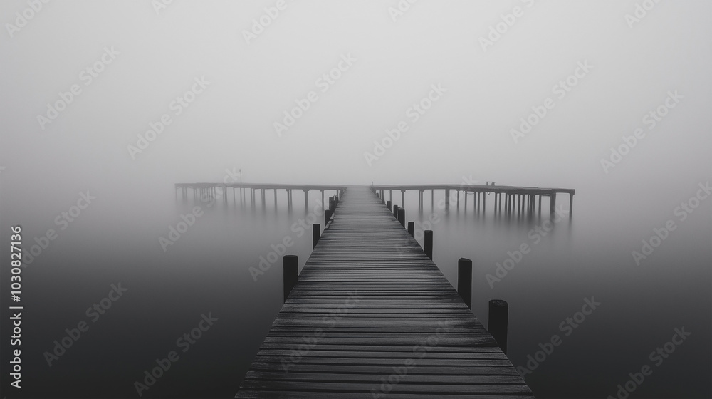 A foggy pier with a wooden bridge A foggy pier with a wooden bridge
