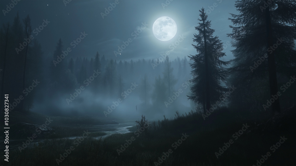 Fototapeta premium A large moon is in the sky above a forest