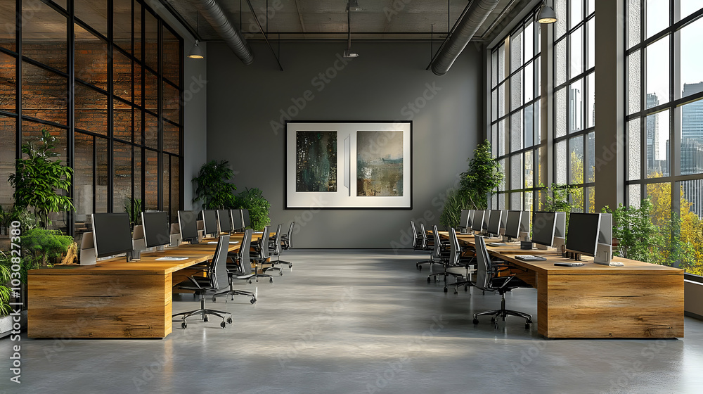 Modern office space with wooden desks and large windows. Modern office space with wooden desks and large windows.