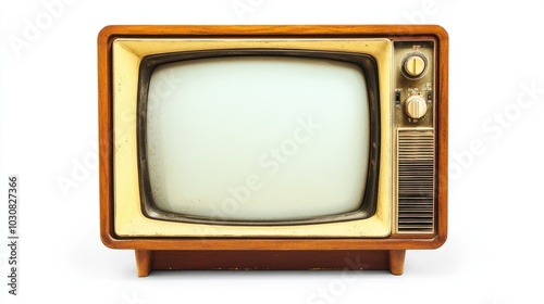 An old vintage retro tv television set with blank screen and isolated on a white background.