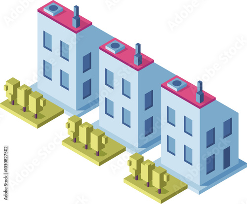 Three isometric buildings with trees are forming a row on a light background, ideal for architectural infographic designs