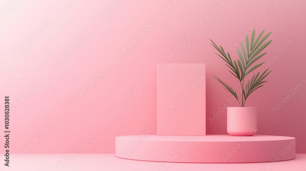 Pink background with plant and geometric shapes for modern decor.